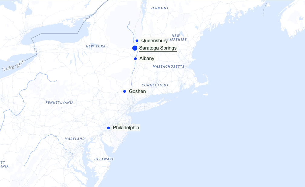 Map locating Saratoga Springs, Philadelphia, Albany, Queensbury, Goshen