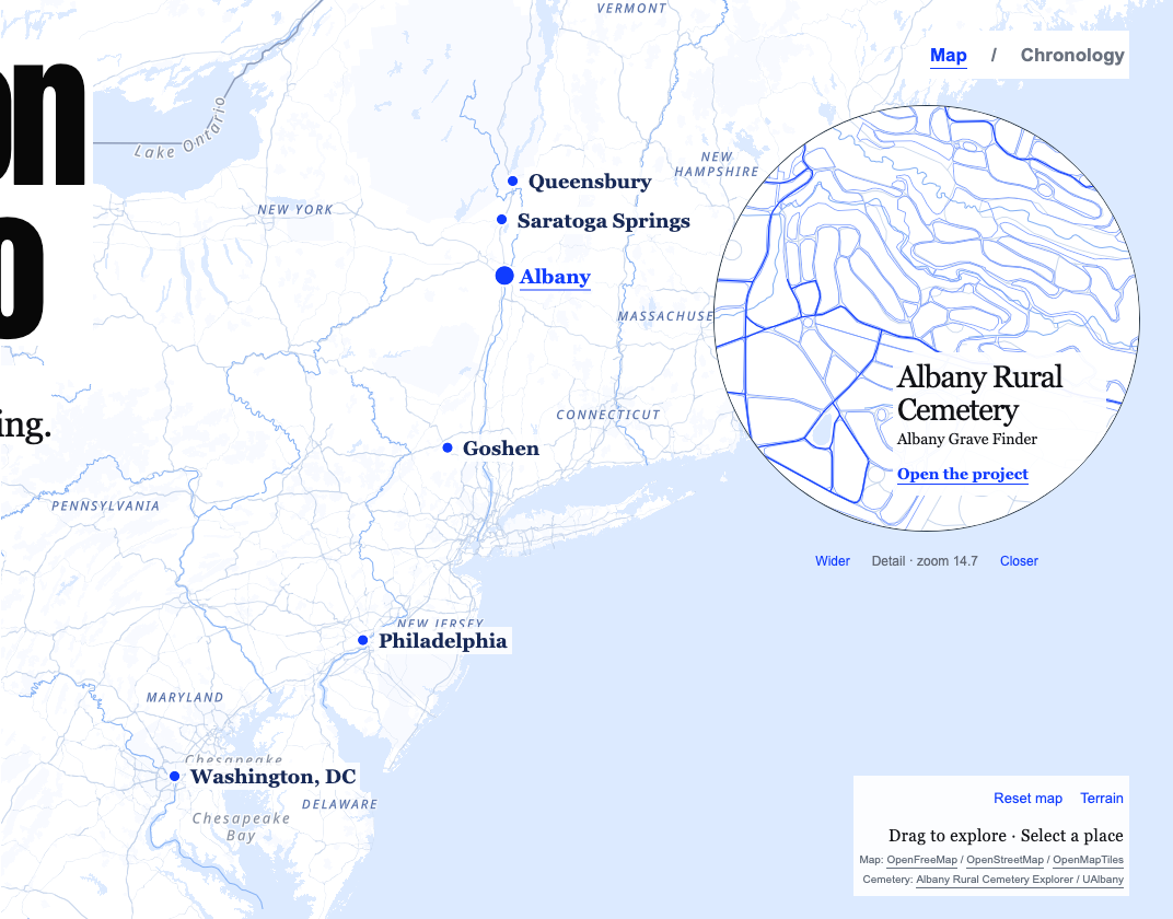 Map locating Queensbury, Saratoga Springs, Albany, Goshen, Philadelphia, and Washington, DC