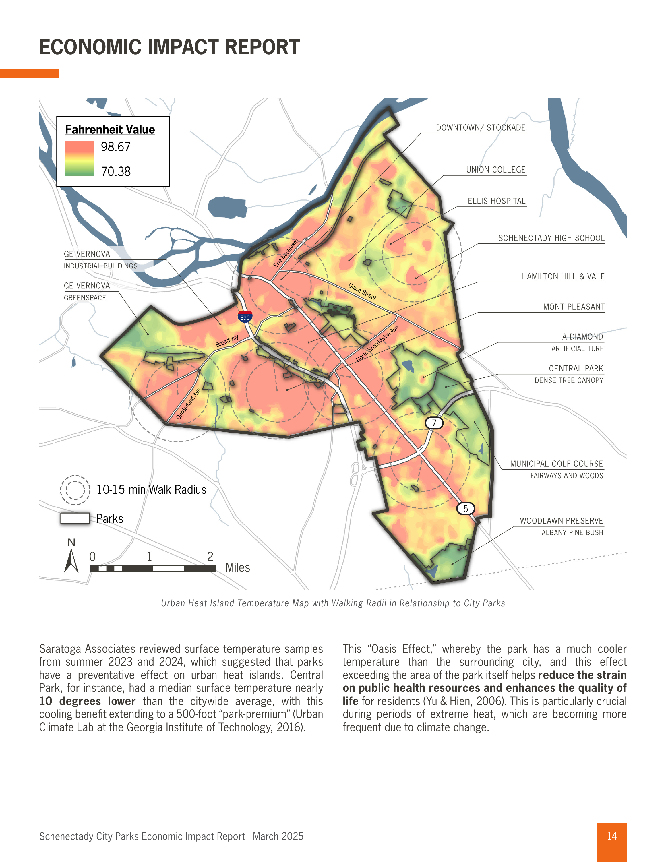 Published report page showing surface temperatures across Schenectady, with parks and walking radii overlaid.